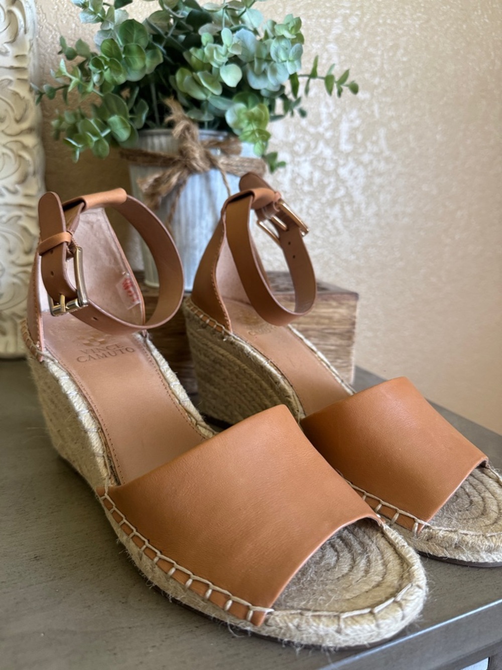 Vince Camuto Cognac Leather Espadrille Wedge Sandals